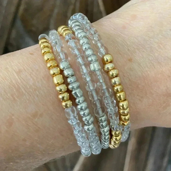mamabling Jewelry - Clear Silver & Gold Handmade Large Seed Bead Bracelet Necklace